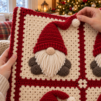 Adult hands holding a finished red gnome square and lifting its free hat tip, with yarn-strand beard, round boots and a four-petal corner flower visible.