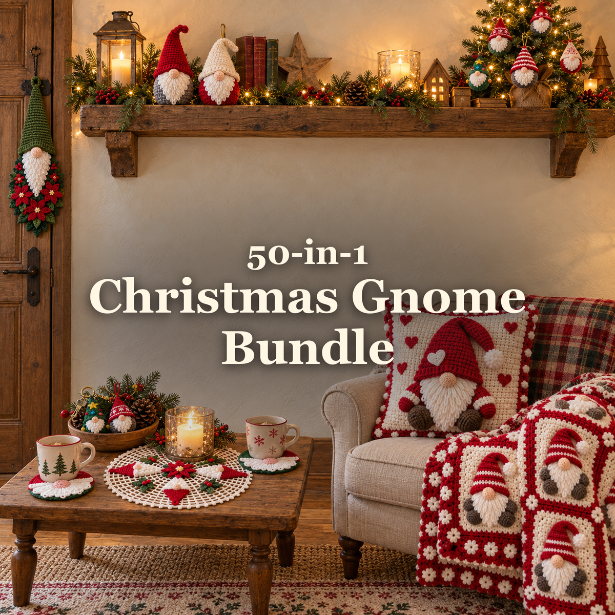 50-in-1 Christmas Gnome Bundle title over a cosy room displaying gnome crochet decorations and gifts.