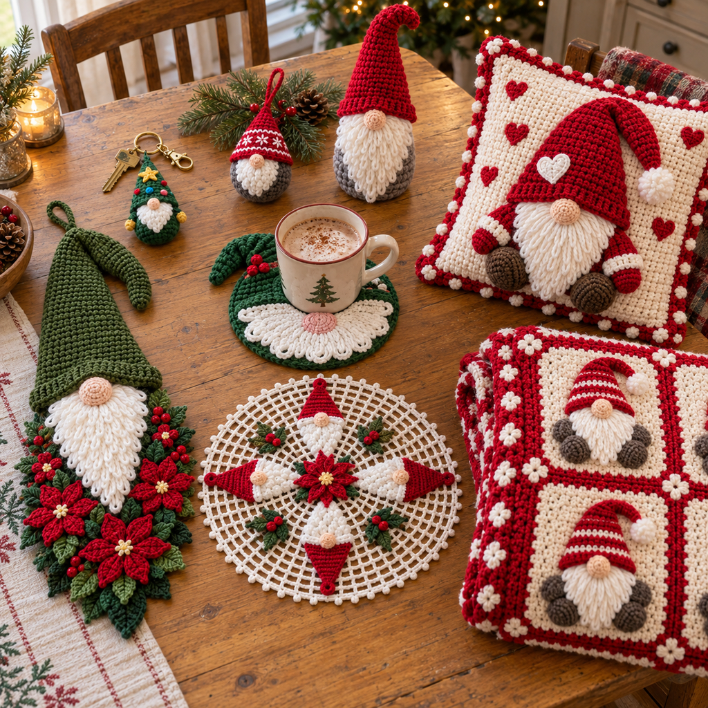 Eight crochet pieces on a wooden table: a Christmas Tree keychain, red gnome bauble, Green Holly coaster with a mug, Classic shelf gnome, Poinsettia door hanger, Heart Gnome pillow, Christmas doily and folded red gnome blanket.