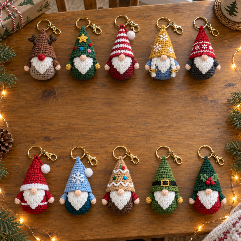 Ten Christmas gnome keychains with assorted hats, white beards and gold rings arranged on a wooden table.
