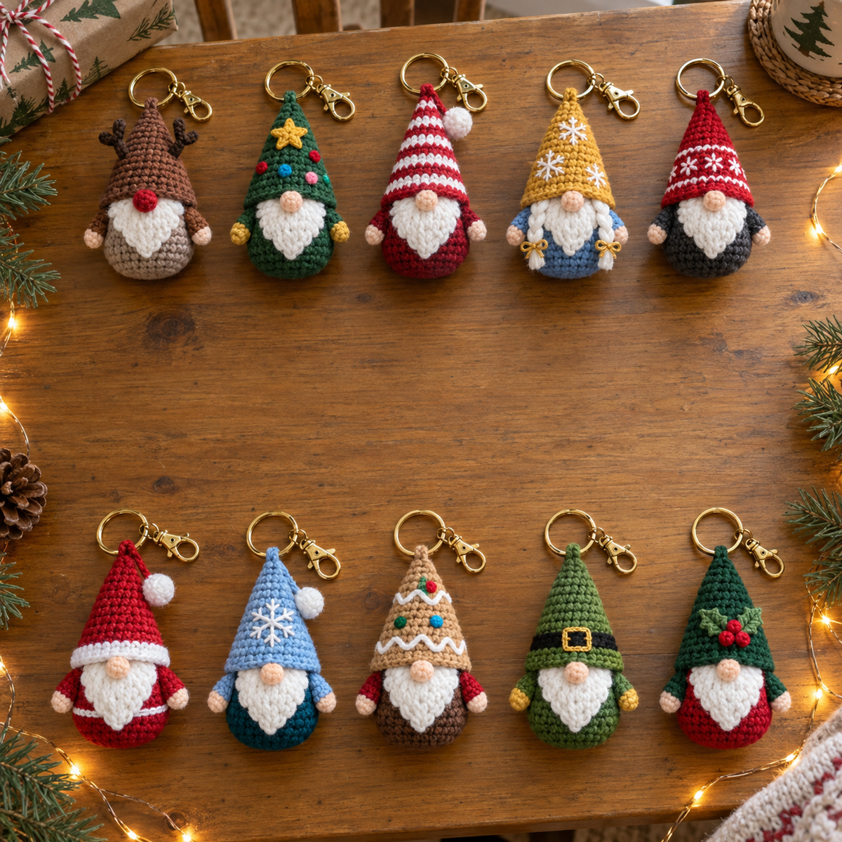 Ten Christmas gnome keychains with assorted hats, white beards and gold rings arranged on a wooden table.
