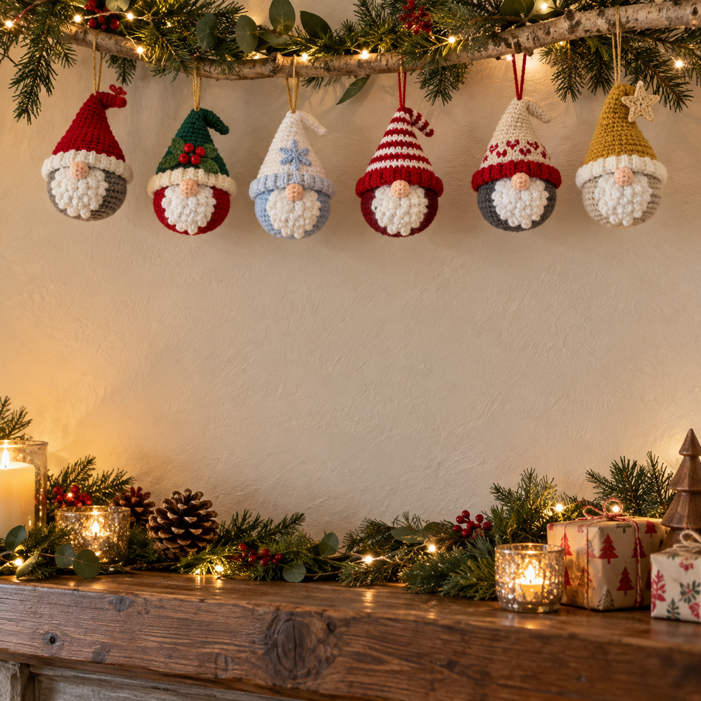 Six round Christmas gnome baubles with red, green, white, striped, Nordic and gold hats hanging from a birch branch.