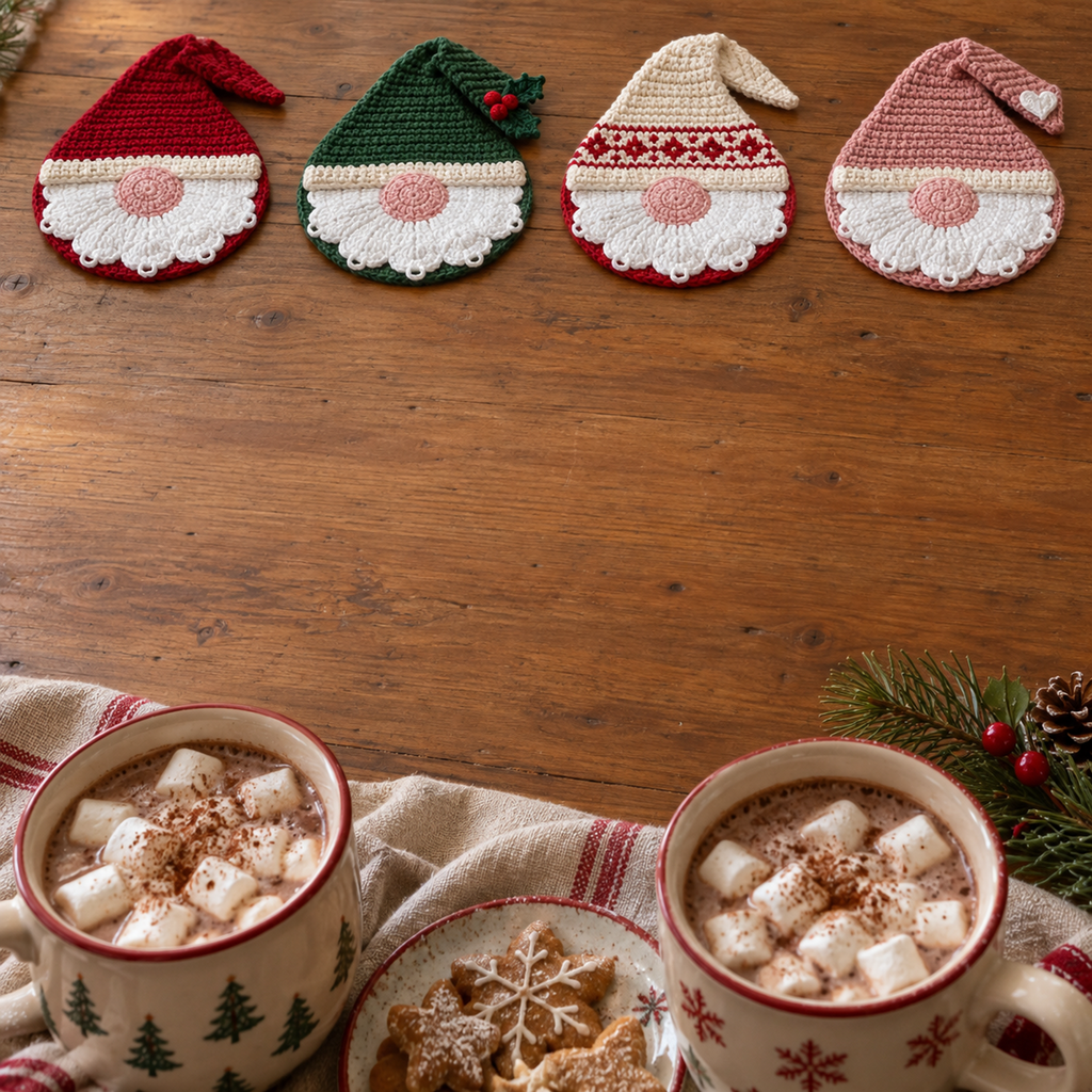 Four flat gnome coasters with red, green, cream and blush hats on a wooden table near cocoa mugs.