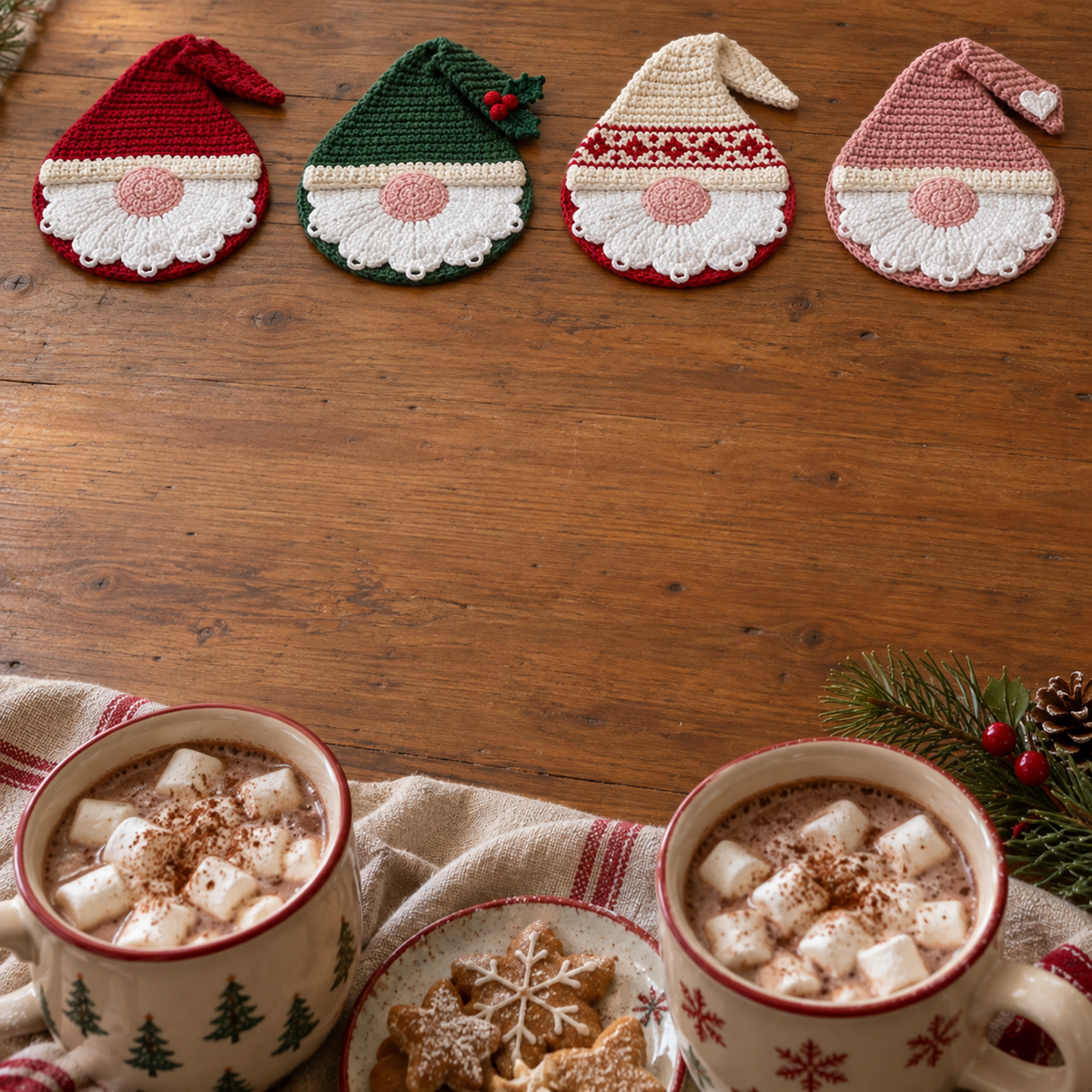 Four flat gnome coasters with red, green, cream and blush hats on a wooden table near cocoa mugs.