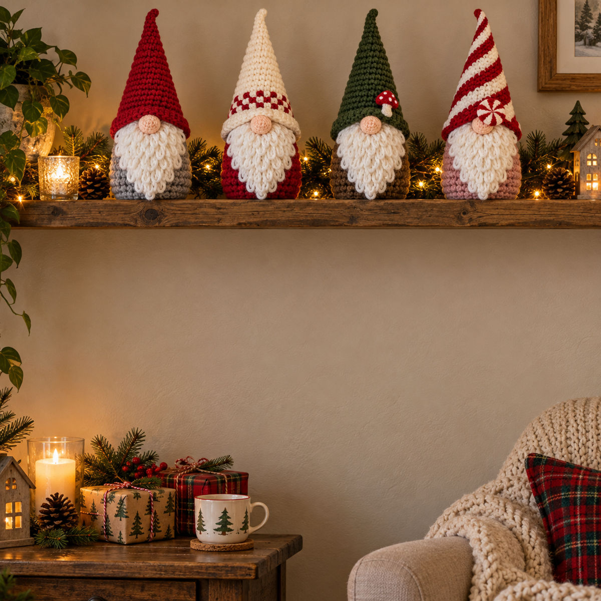 Four tall Christmas shelf gnomes with red, Nordic cream, woodland green and striped hats on a decorated wooden mantel.