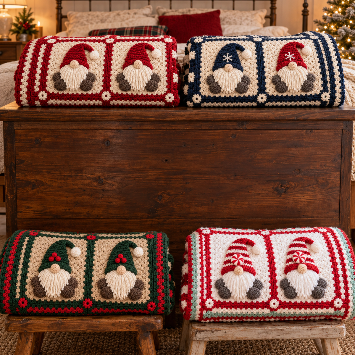 Four folded granny-square gnome blankets in red, Nordic blue, woodland green and candy stripes displayed beside a bed.