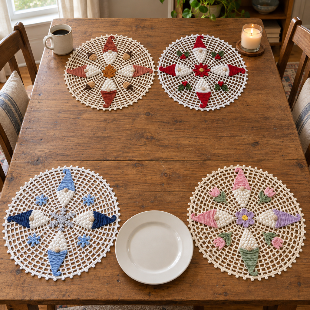 Four seasonal gnome crochet doilies at the far and near ends of a wooden dining table, with a mug and candle at the back, a white dinner plate in front and bare wood between the rows.
