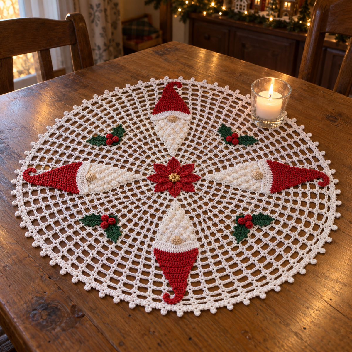 White Christmas crochet doily with four red-hatted gnomes, a red poinsettia and four holly sprigs beside a glass candle holder on a dining table.