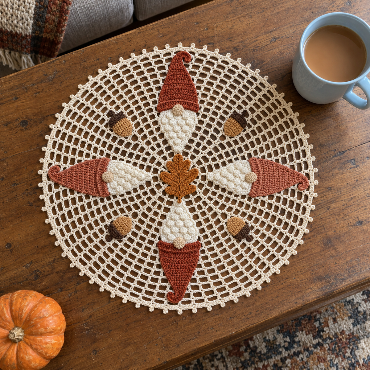 Ecru autumn crochet doily with rust and terracotta gnome hats, a rounded oak leaf and four acorns on a coffee table beside tea and a pumpkin.