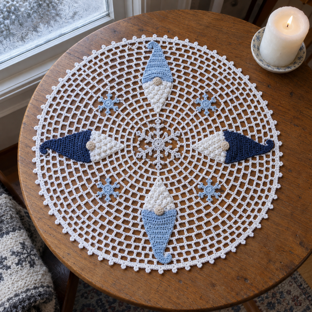 White winter crochet doily with ice-blue and navy gnome hats and five snowflakes on a wooden side table beside a candle and frosty window.