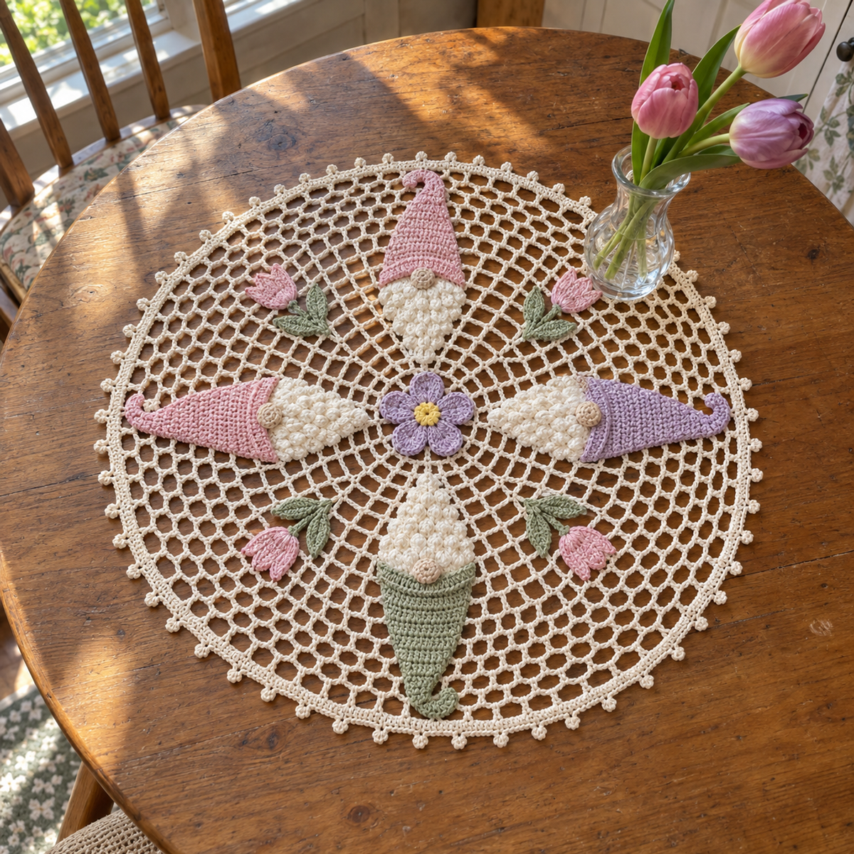 Cream spring crochet doily with pastel gnome hats, a lilac flower and four pink tulips on a kitchen table under a small vase of tulips.