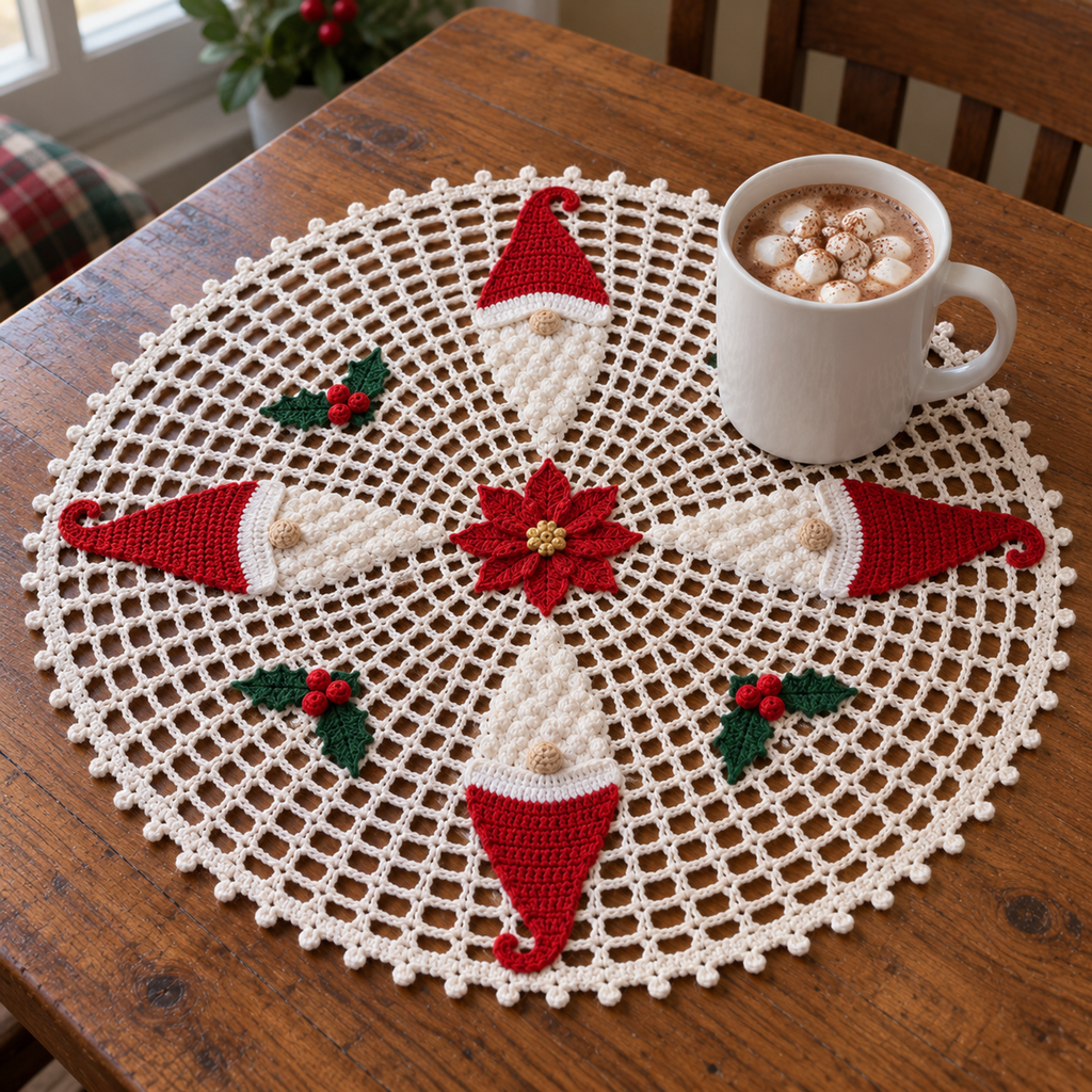 White Christmas gnome crochet doily with a mug of cocoa and marshmallows on the open mesh, showing red hat stitches, round noses and white bobbly beards.