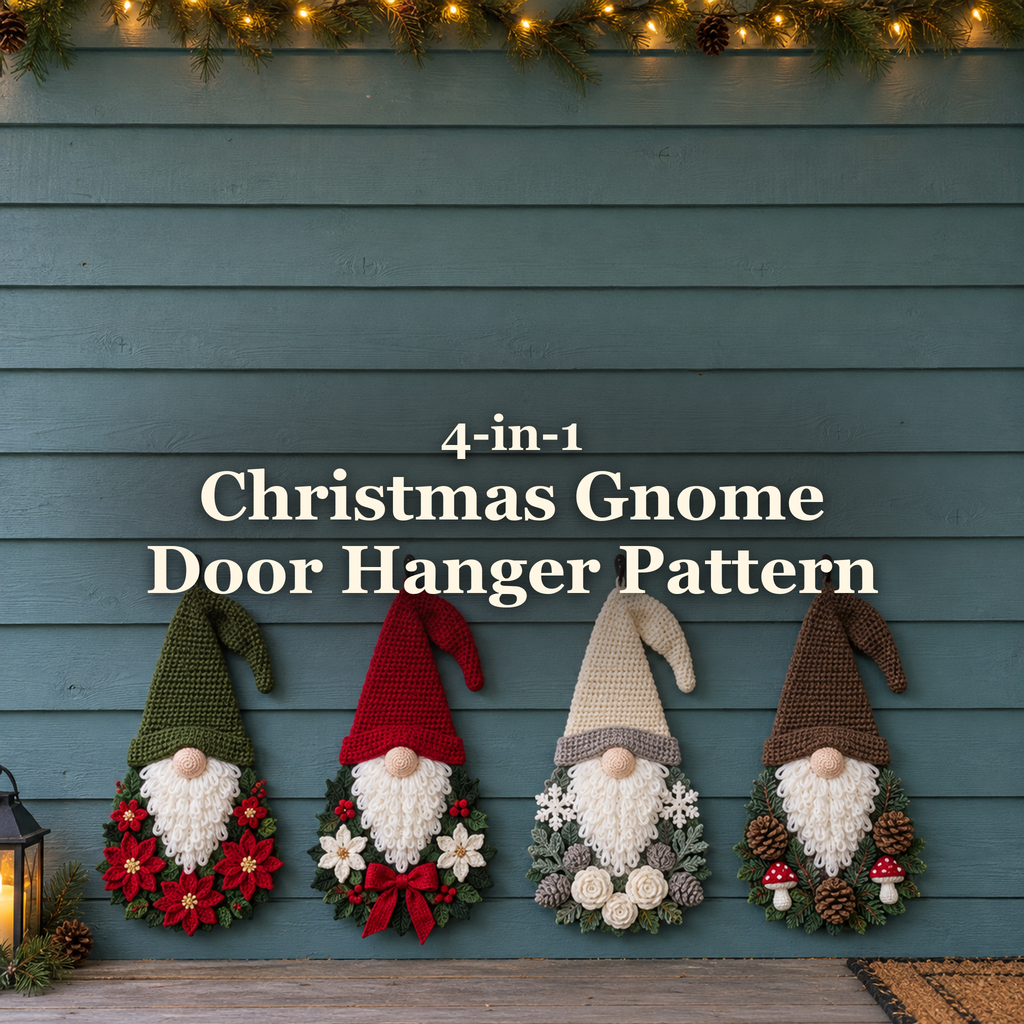 Four woodland Christmas gnome door hangers beneath the title 4-in-1 Christmas Gnome Door Hanger Pattern.