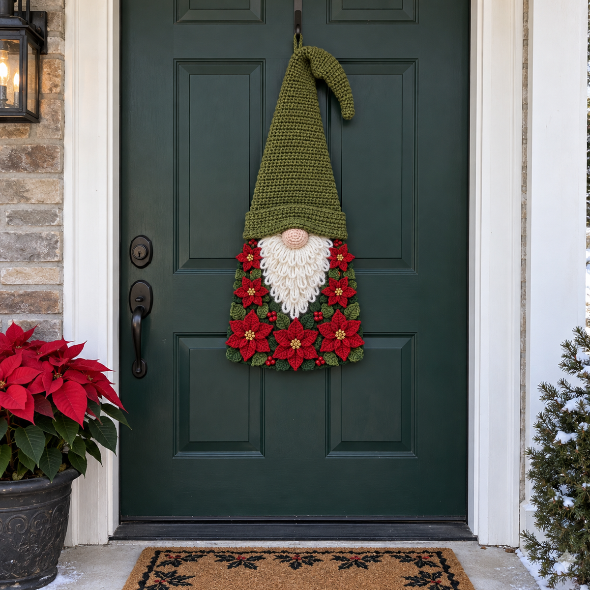Moss-green crochet gnome with a white looped beard and red poinsettia bouquet on a dark green front door beside a poinsettia pot.