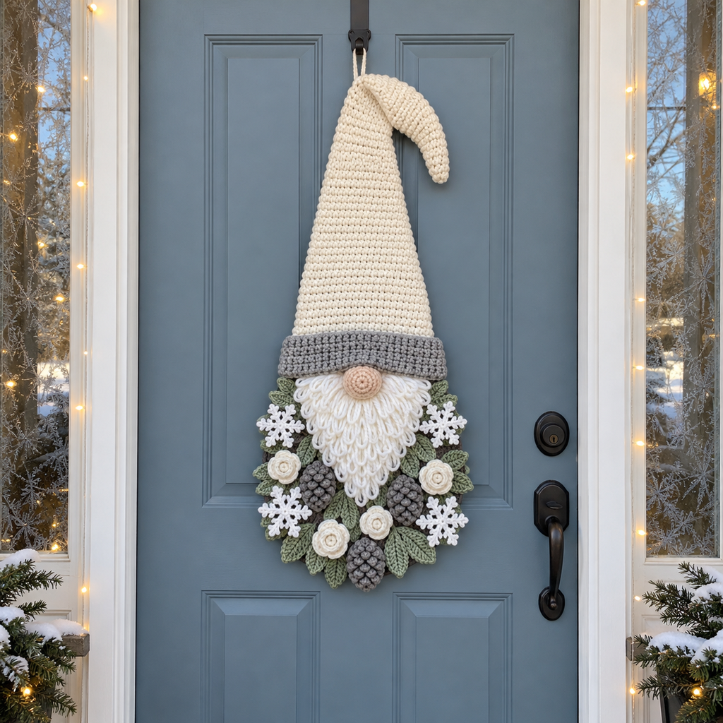 Cream-hatted crochet gnome with a grey brim, white snowflakes and roses, grey pinecones and sage leaves on a frosted-window doorway.
