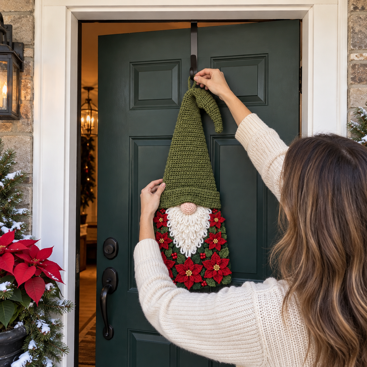 An adult hanging a finished green-hatted poinsettia crochet gnome from an over-door wreath hook.