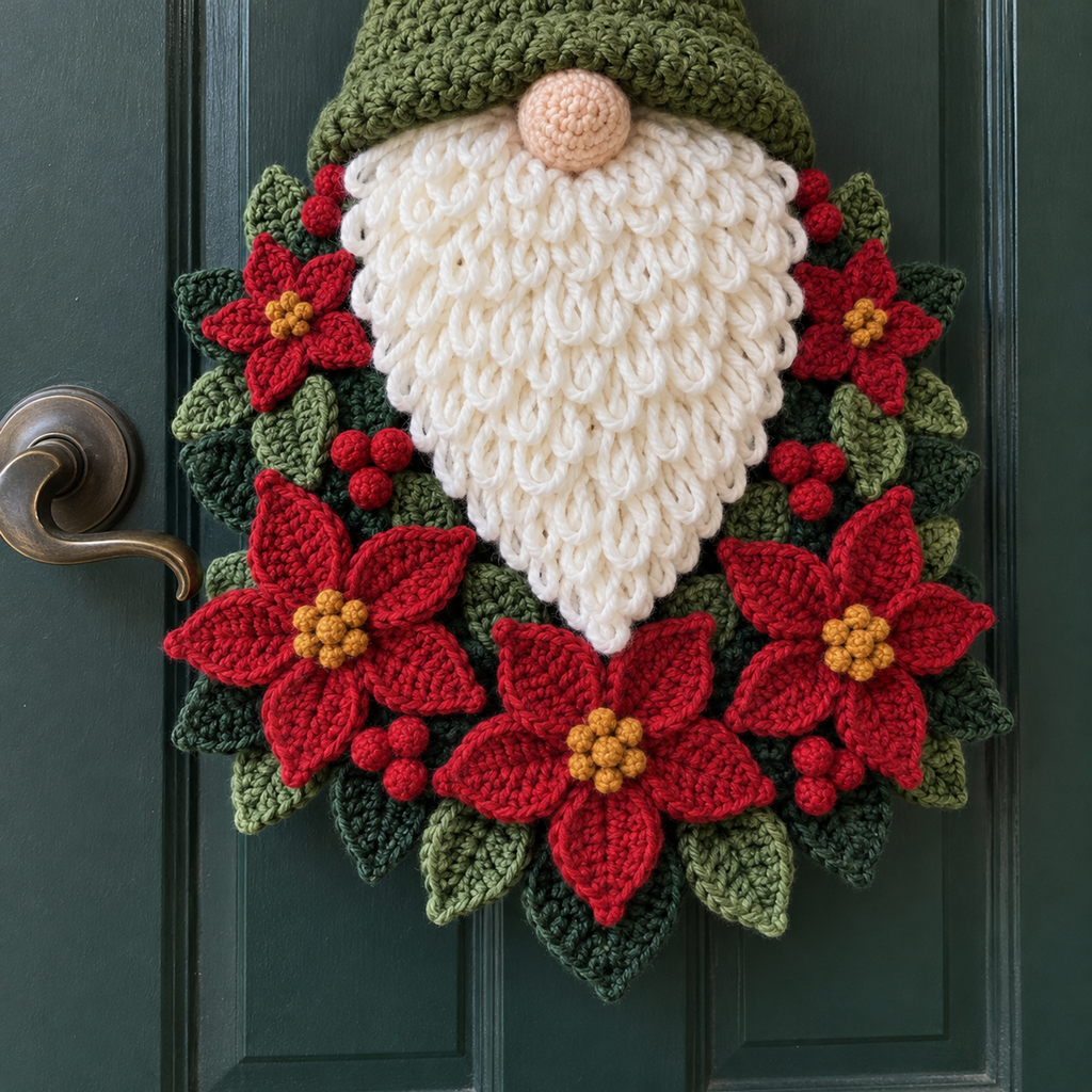 Angled close view of a white loop-stitch beard above red crochet poinsettias, gold yarn centers, soft berries and green leaves beside a door handle.