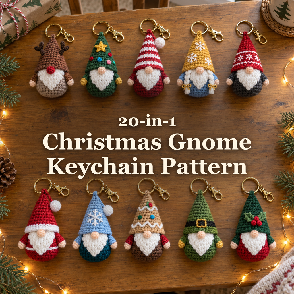 Ten Christmas gnome keychains on a festive wooden table with the title 20-in-1 Christmas Gnome Keychain Pattern.