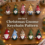 Ten Christmas gnome keychains on a festive wooden table with the title 20-in-1 Christmas Gnome Keychain Pattern.