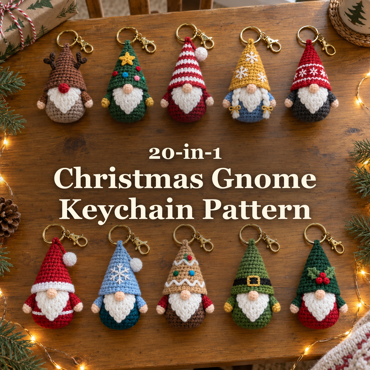 Ten Christmas gnome keychains on a festive wooden table with the title 20-in-1 Christmas Gnome Keychain Pattern.