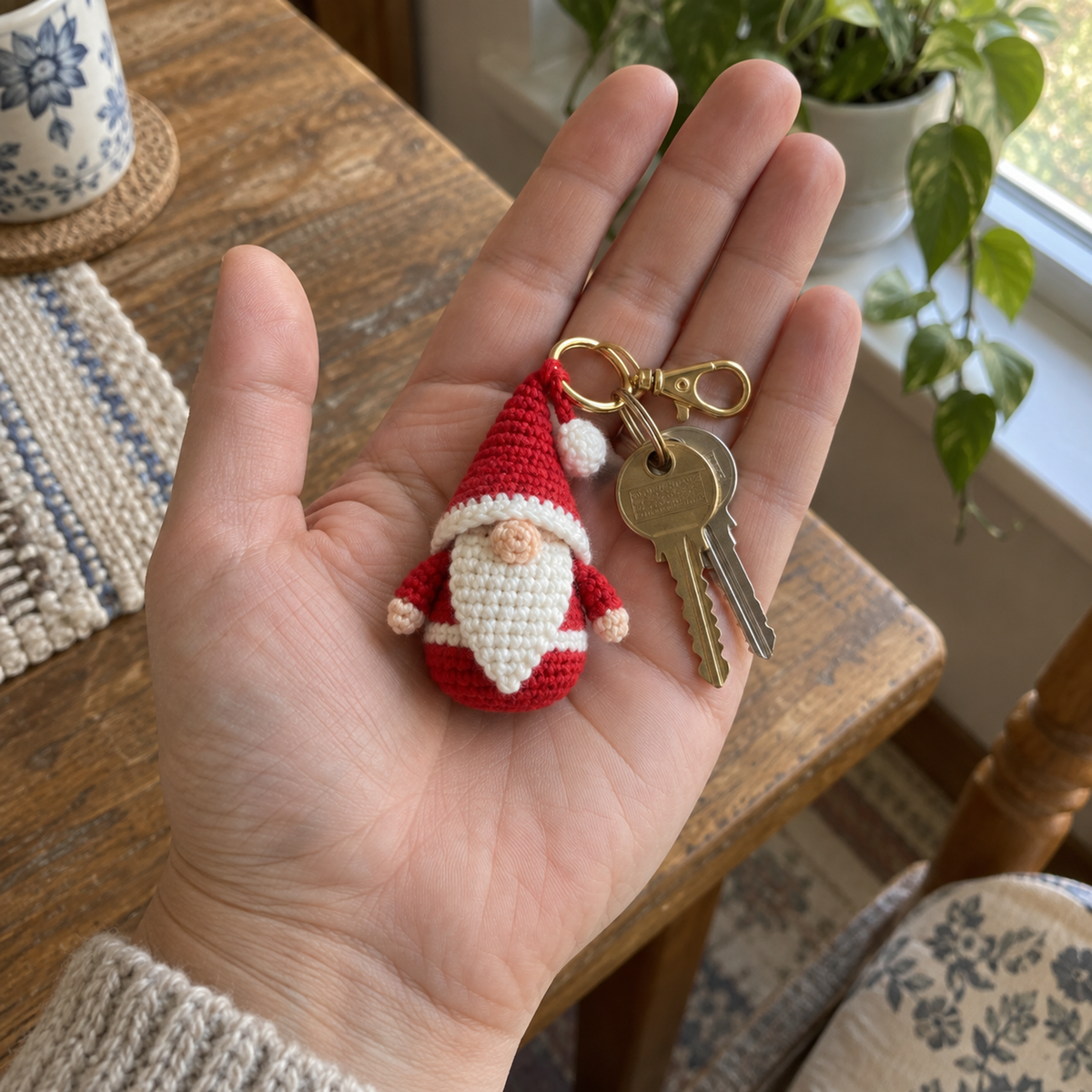 A small red Santa gnome keychain with a white beard and belt resting with house keys in an adult hand.