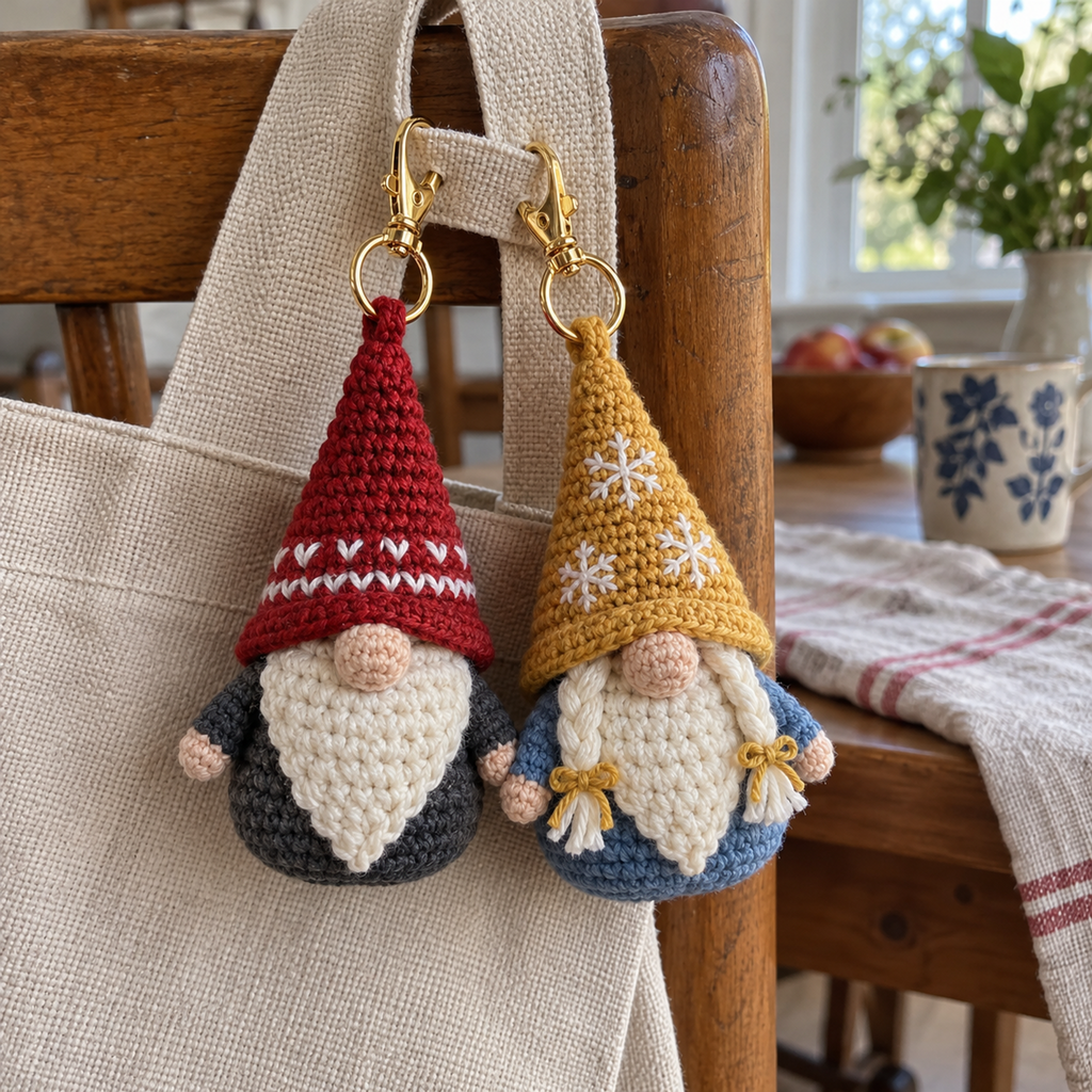 A Nordic red-hat gnome and a golden-hat Snow Girl gnome with cream braids clipped to a canvas tote strap.