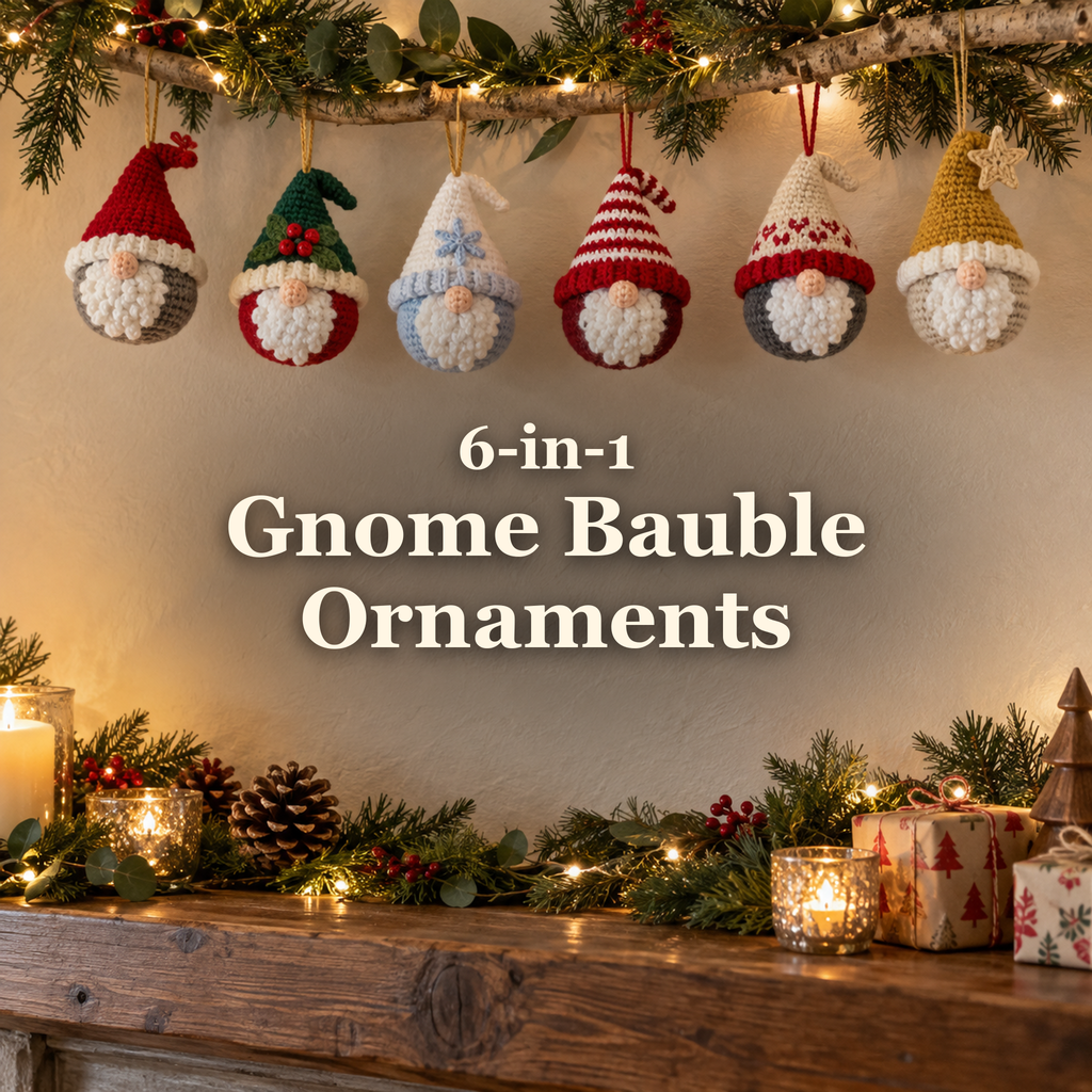 Six crochet gnome baubles hang above a mantel with the title 6-in-1 Gnome Bauble Ornaments.