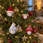 Classic, Holly, Snow and Candy Stripe gnome baubles hang among glass ornaments on a lit Christmas tree.