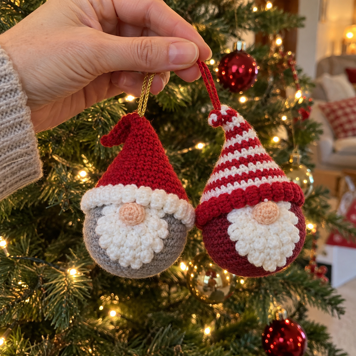 An adult hand holds Classic and Candy Stripe gnome baubles by their hanging loops beside a Christmas tree.