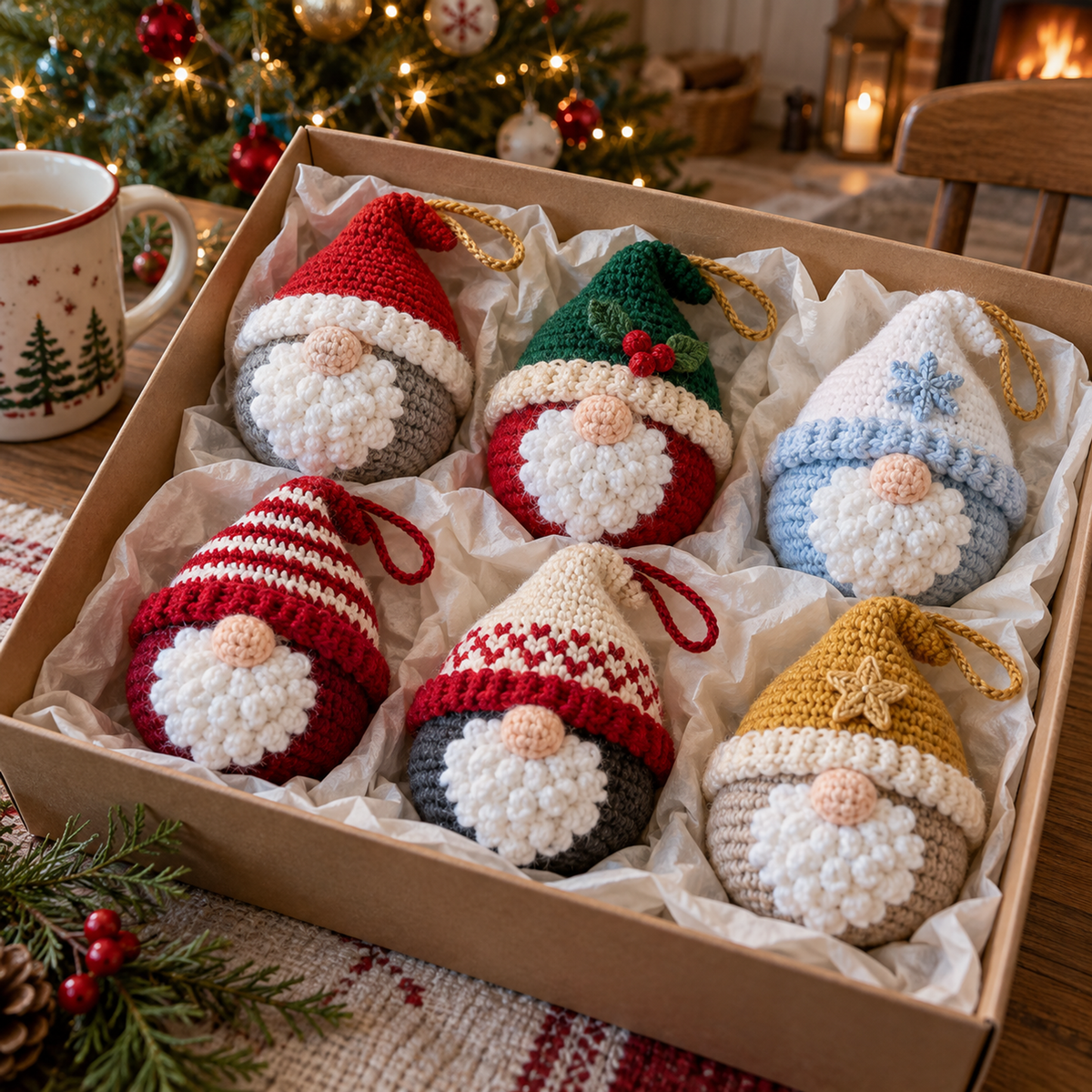 Six colourful crochet gnome baubles nestle in ivory tissue inside an open kraft gift box.