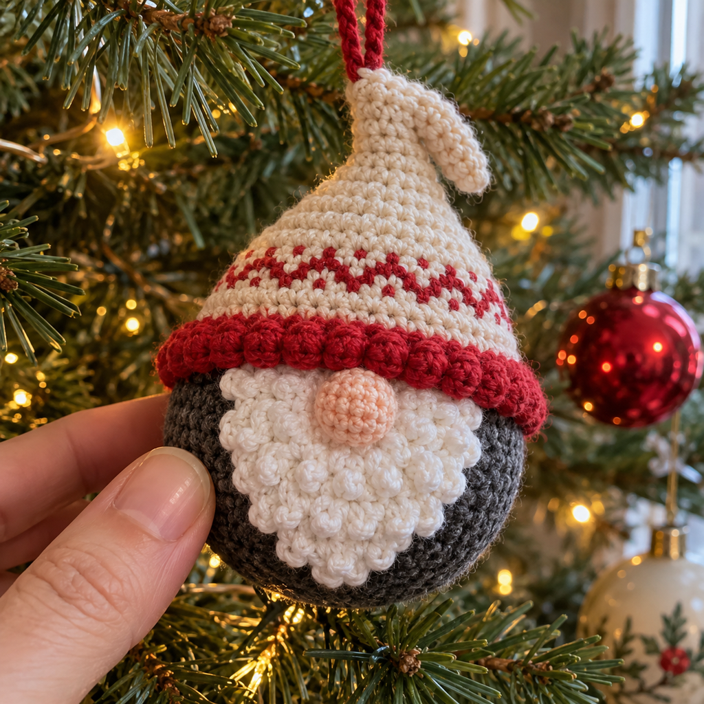 A close view of a Nordic gnome bauble shows its red bobble brim, peach nose and white textured beard.