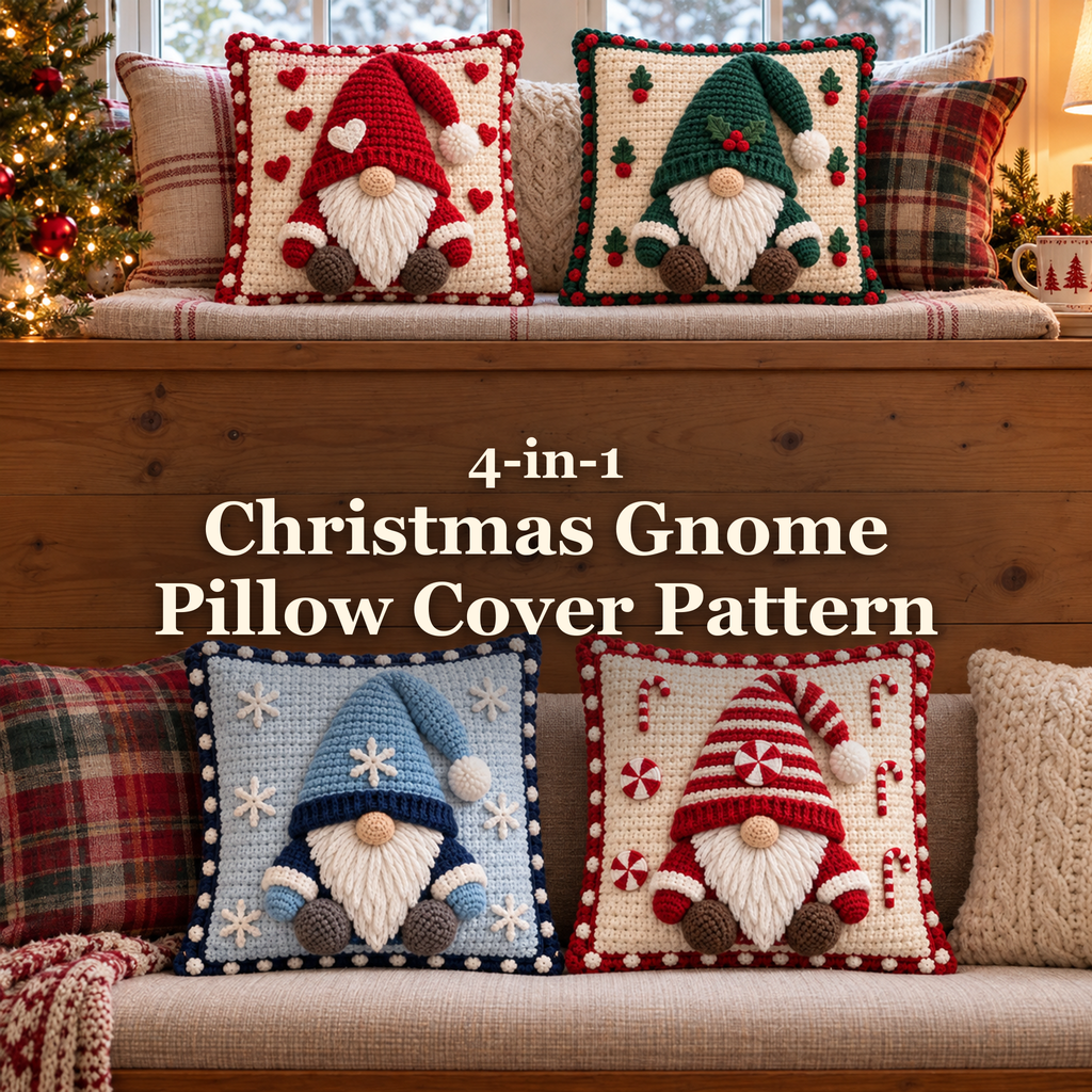 Four Christmas gnome crochet pillows in red, green, pale blue and candy stripes arranged on two levels of a cosy window seat, with the title 4-in-1 Christmas Gnome Pillow Cover Pattern.