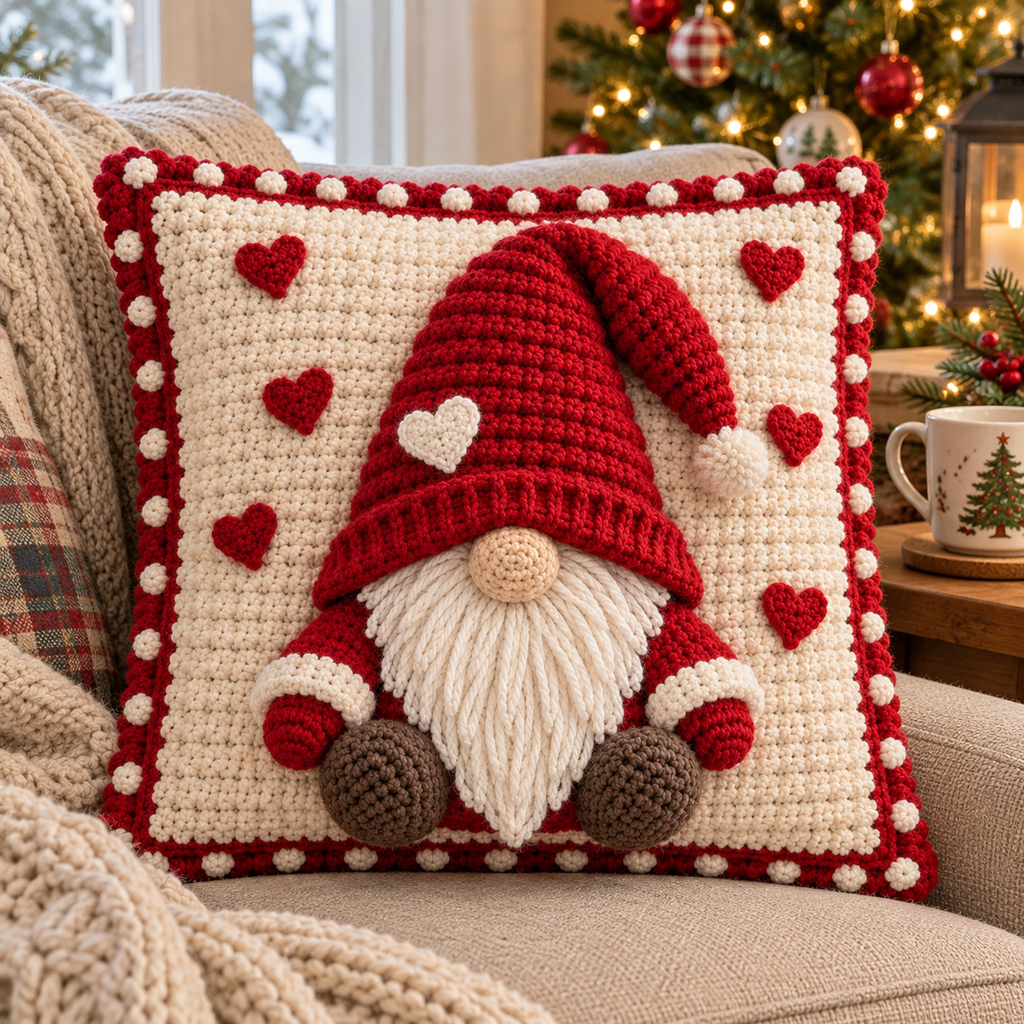 Heart Gnome crochet pillow with a red floppy hat, cream hat heart, six red background hearts, white strand beard and white bobbles on a beige sofa beside a knitted throw.