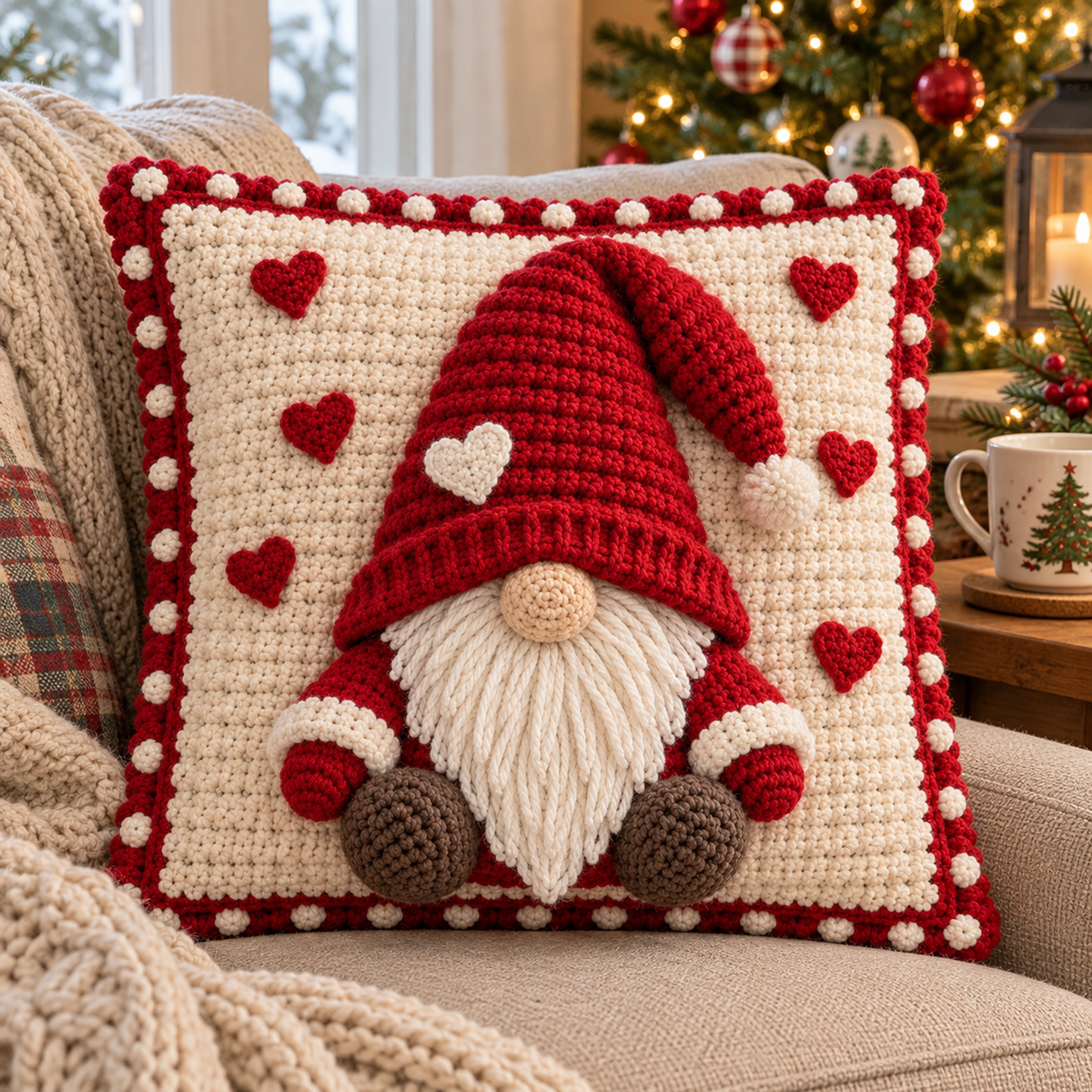 Heart Gnome crochet pillow with a red floppy hat, cream hat heart, six red background hearts, white strand beard and white bobbles on a beige sofa beside a knitted throw.