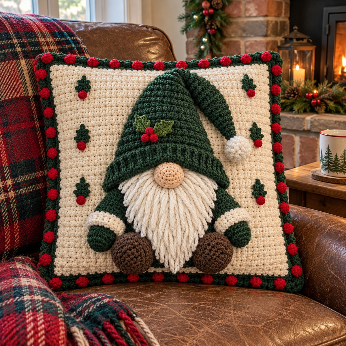 Holly Gnome crochet pillow with a green floppy hat, holly sprig, six leaf-and-berry pairs and red bobbles on a leather armchair beside a fireplace.