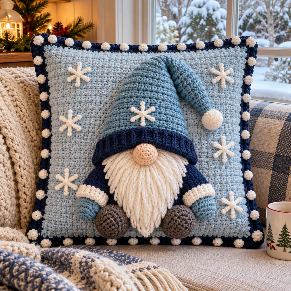 Snow Gnome crochet pillow with an ice-blue hat, navy brim, white snowflakes and white bobbles on a pale blue front, resting on a snowy window seat.