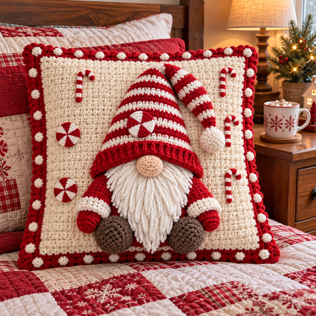 Candy Gnome crochet pillow with a red-and-white striped hat, peppermints, four candy canes and white bobbles on a red-and-white quilt beside a mug of cocoa.