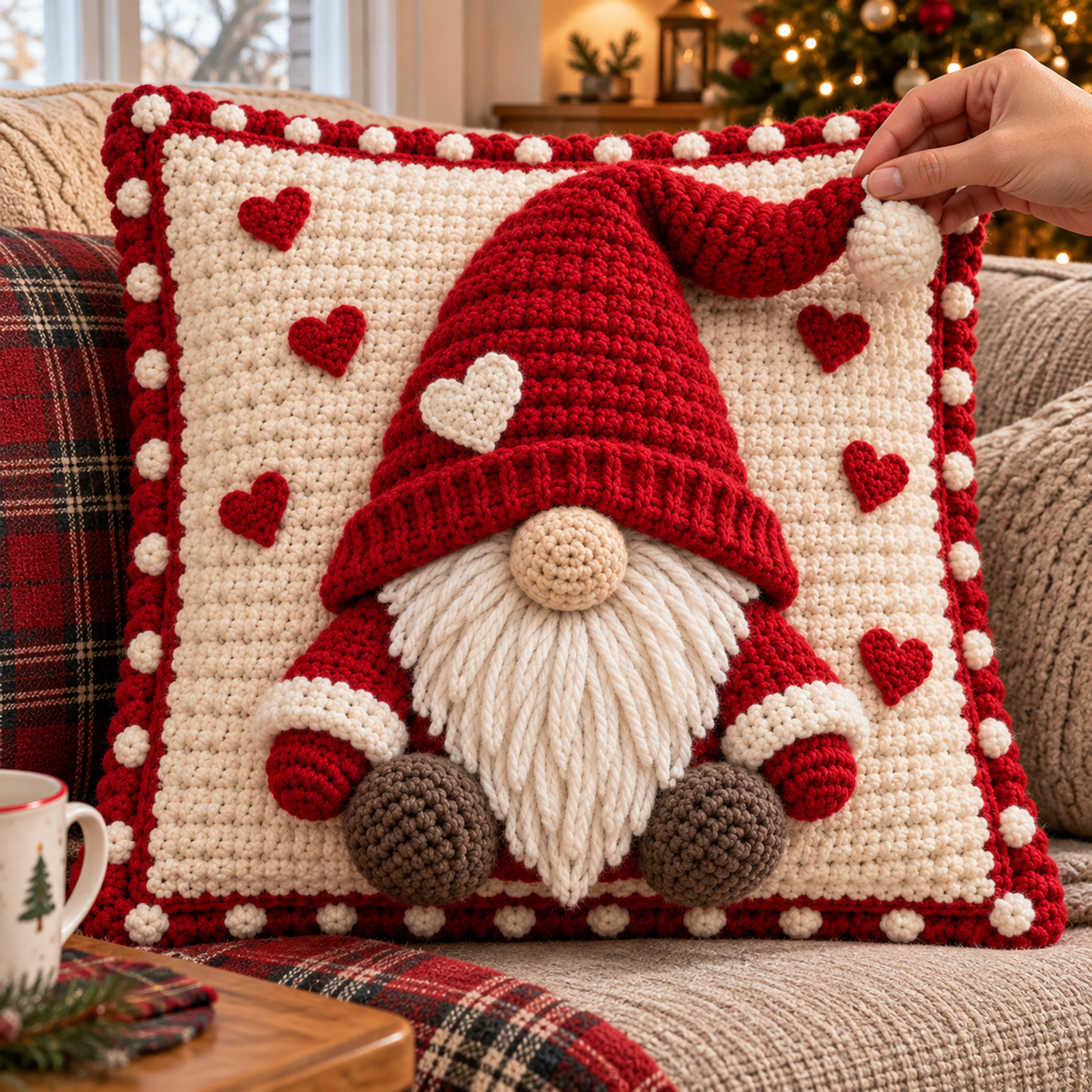 An adult hand gently lifts the finished Heart Gnome hat tip, showing the white crocheted pompom, red ribbed brim, peach nose, loose beard strands and bobble edging.