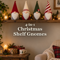 Four Christmas shelf gnomes on a wooden shelf above the title 4-in-1 Christmas Shelf Gnomes.