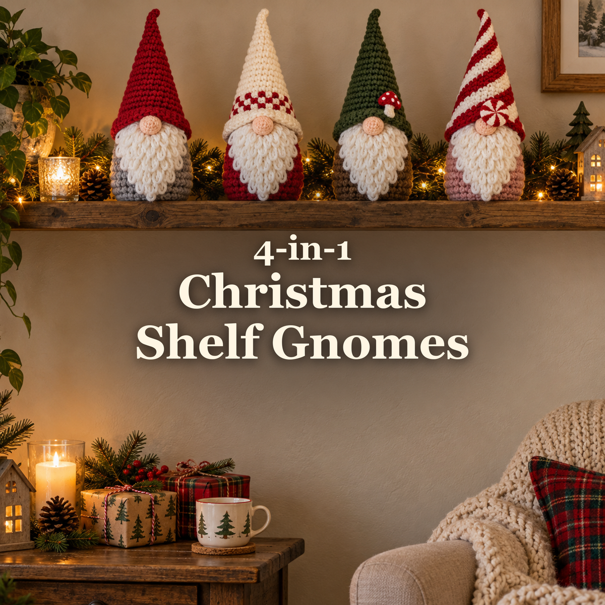 Four Christmas shelf gnomes on a wooden shelf above the title 4-in-1 Christmas Shelf Gnomes.