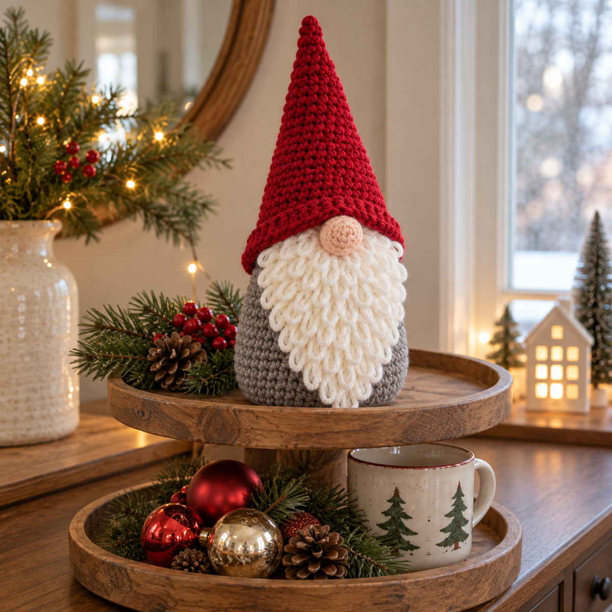 A red-hatted grey crochet gnome with a white loop beard stands on the upper tier of a wooden Christmas tray.