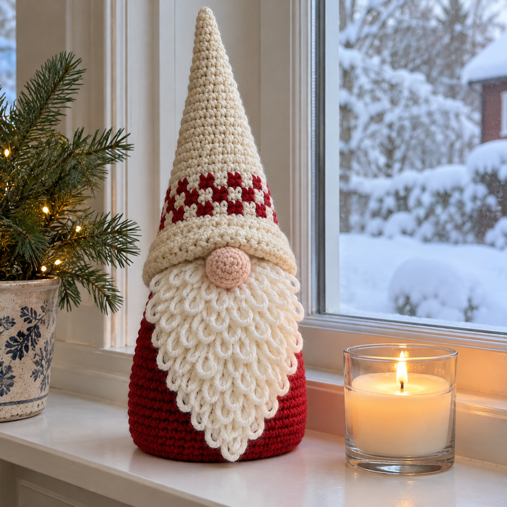 A cream-hatted crochet gnome with a red-and-white band, red body and white loop beard stands on a snowy windowsill beside a candle.