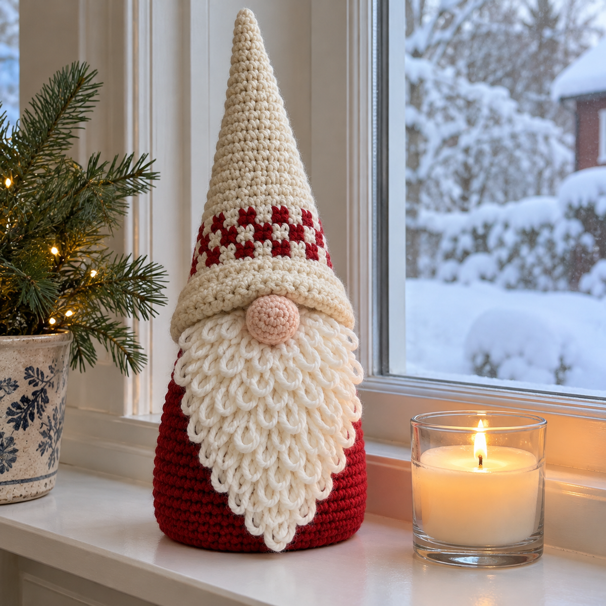 A cream-hatted crochet gnome with a red-and-white band, red body and white loop beard stands on a snowy windowsill beside a candle.