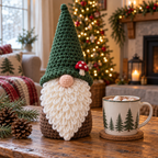 A green-hatted brown crochet gnome with a small red-and-white mushroom stands on a rustic side table beside pinecones and a mug of cocoa.
