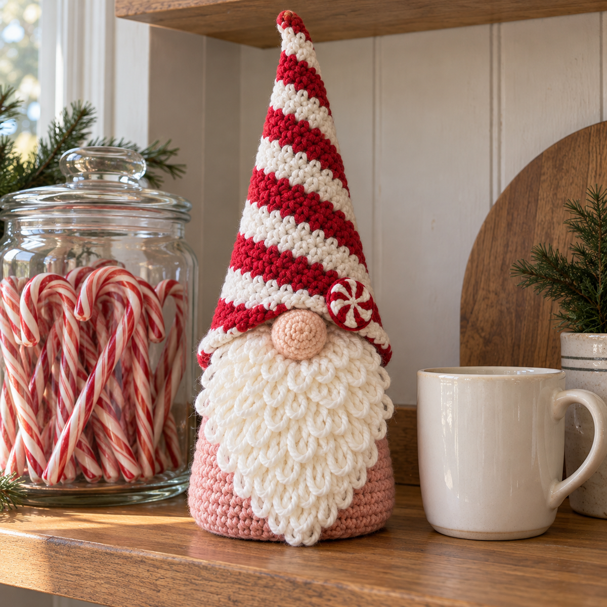 A pink-bodied crochet gnome with a red-and-white spiral hat and peppermint brim detail stands on a kitchen shelf beside a jar of candy canes.
