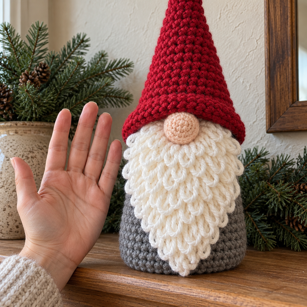 An adult hand beside the classic gnome shows the pink crochet nose, red hat brim and white loop-stitch beard at close range.