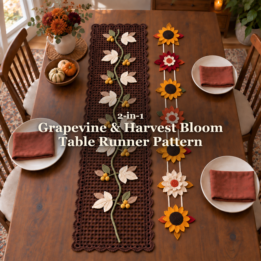 Two autumn crochet table runners on a wooden dining table: chocolate scalloped mesh with a green vine and cream leaves, beside joined golden, red, orange and cream flowers.