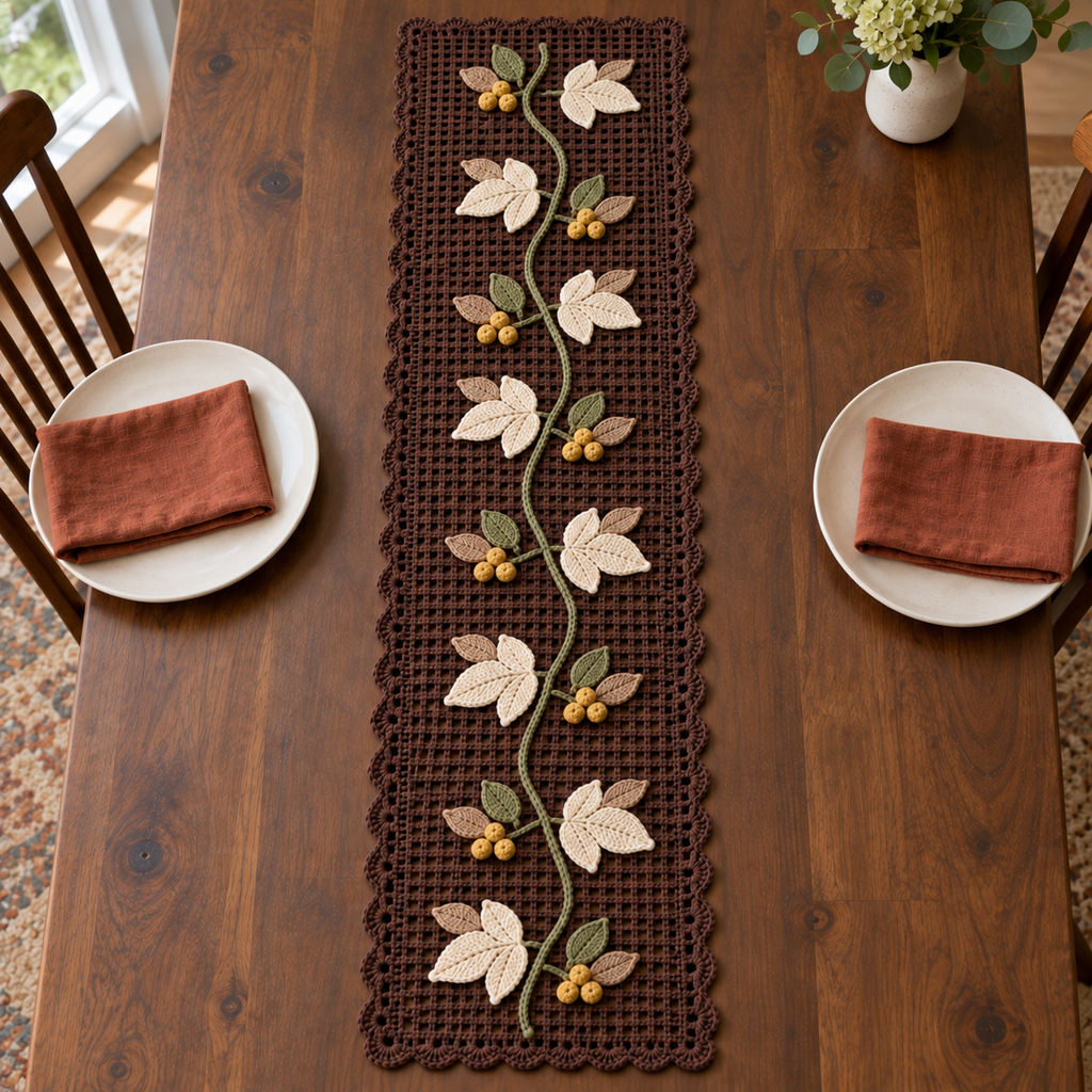 A chocolate-brown scalloped crochet mesh runner with a moss-green centre vine, eight cream three-lobed leaves, small green and tan leaves, and mustard berry clusters on a set wooden table.