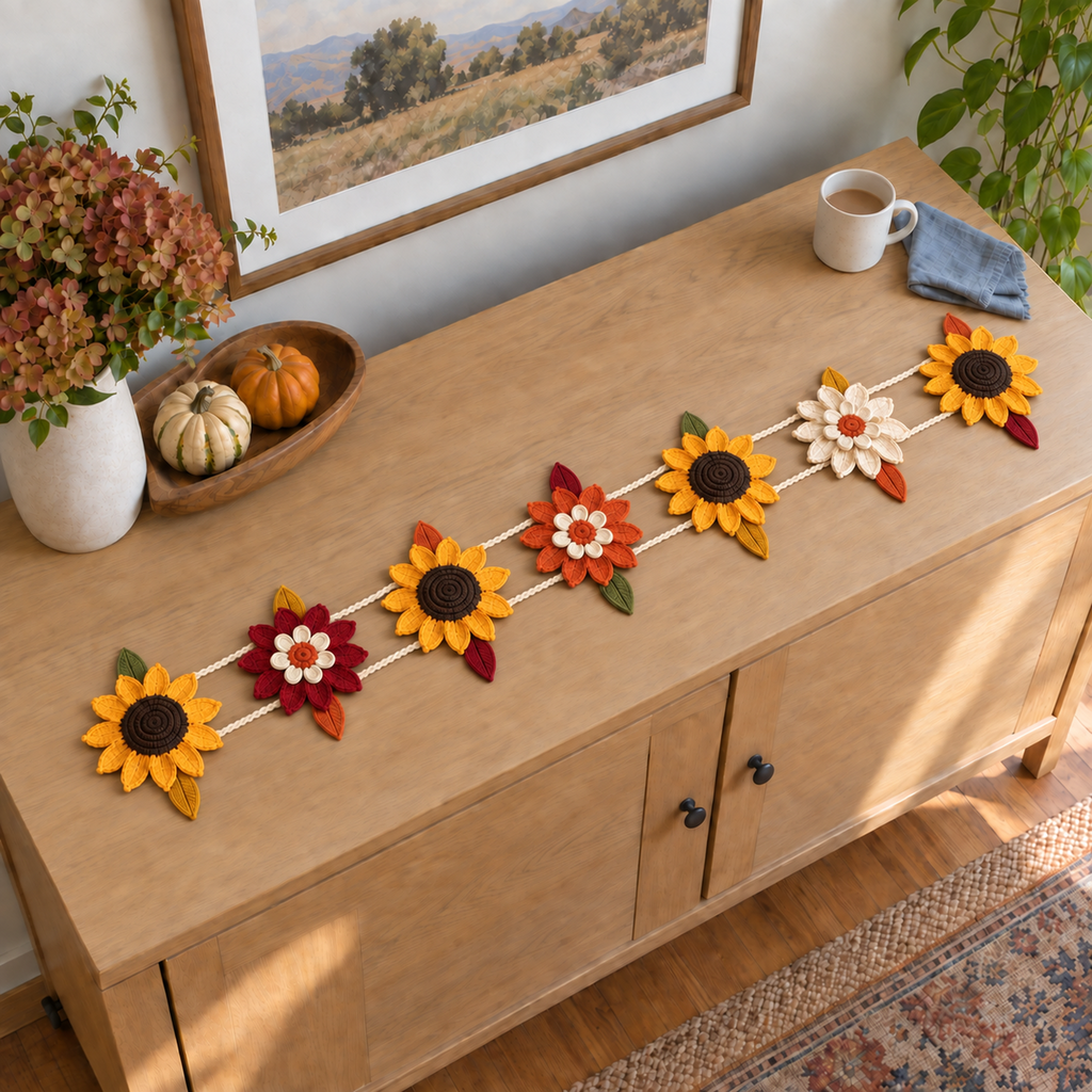 Seven golden sunflower and red, orange and cream layered flower motifs joined by paired cream crochet chains, with autumn leaves, along a pale oak sideboard.