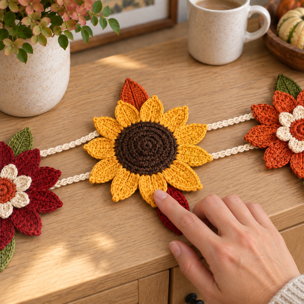 An adult hand touching a golden crochet sunflower with a chocolate-brown centre, beside cream chain joins, autumn leaves and neighbouring layered flowers on a wooden sideboard.